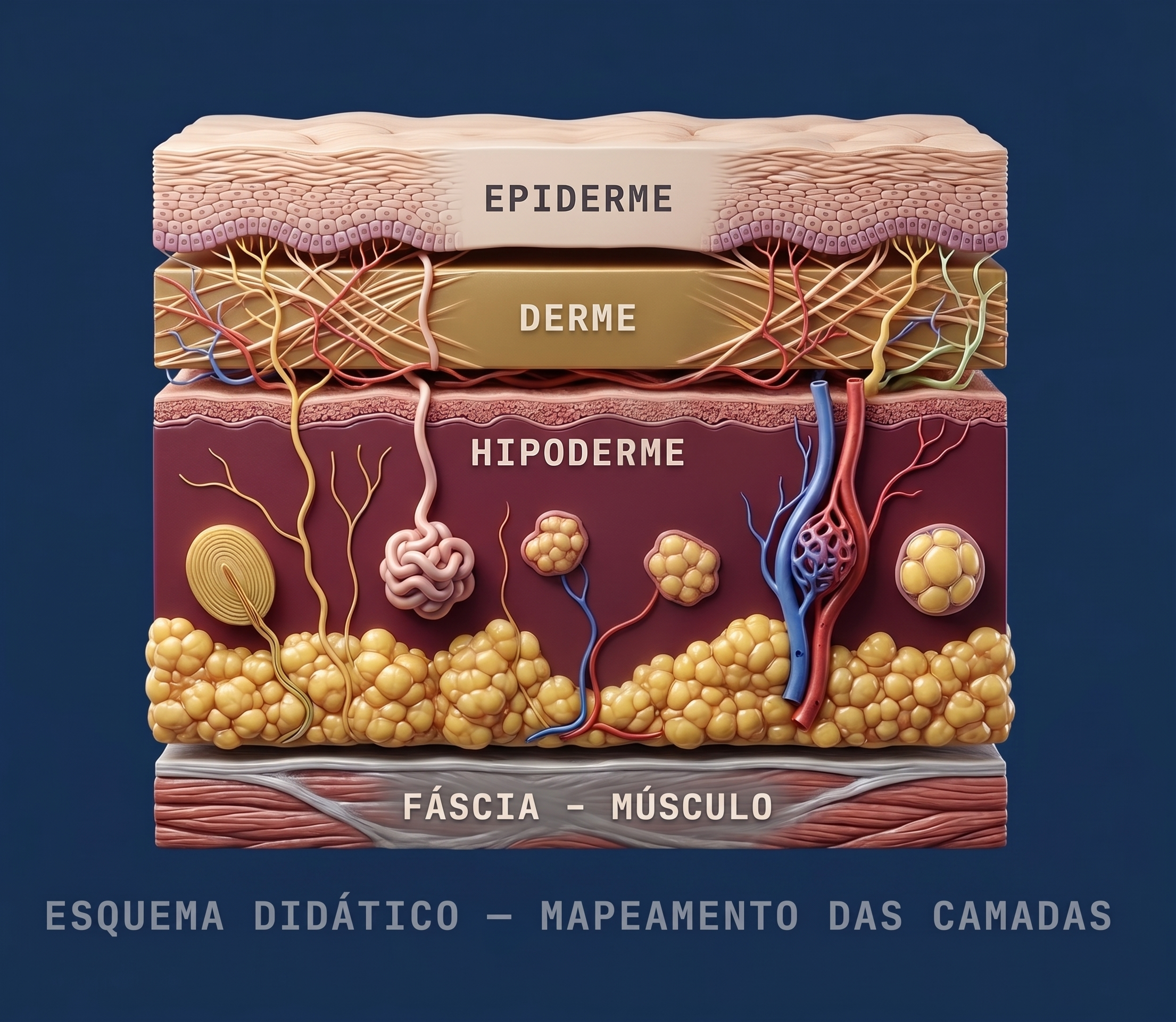 Esquema das camadas da pele — epiderme, derme, hipoderme, fáscia e músculo — base da leitura LDHC